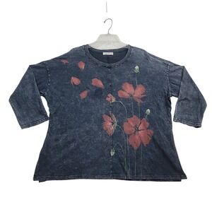 Jess & Jane Floral Graphic Top Women XL Gray Mineral 3/4 Sleeve Cotton Lagenlook